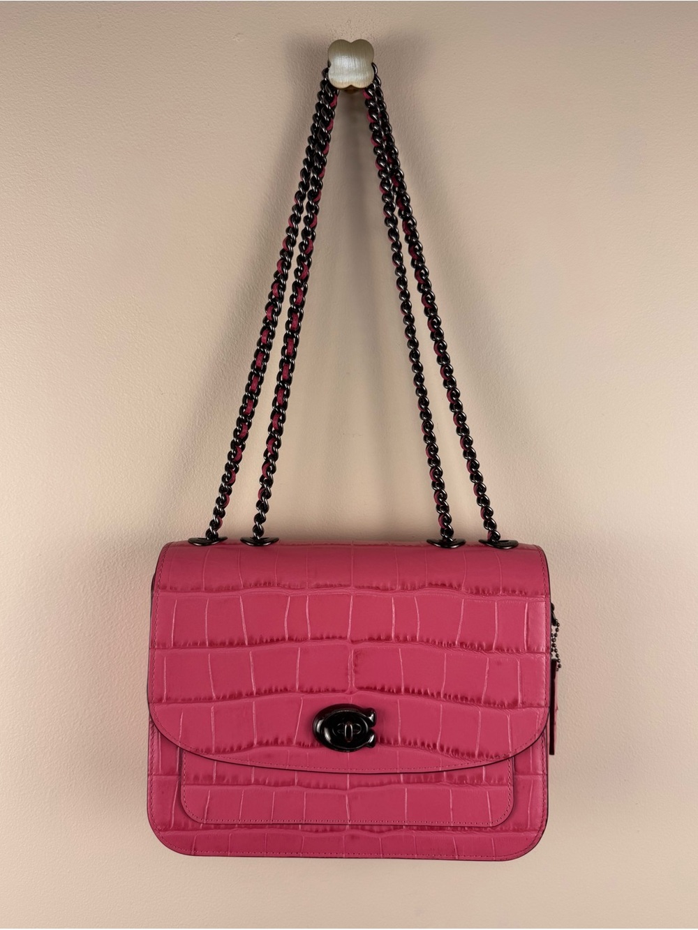 Coach Madison Shoulder Bag in Crocodile-Embossed Leather Pink Gunmetal Chain